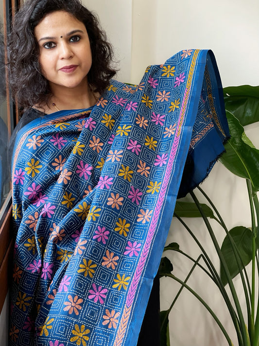 Firozi Blue Handmade Nakshi Kantha Dupatta in Pure Silk