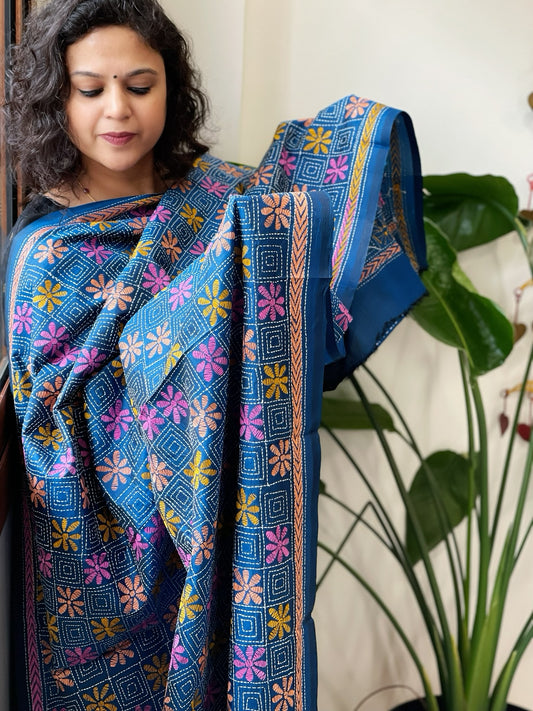 Firozi Blue Handmade Nakshi Kantha Dupatta in Pure Silk