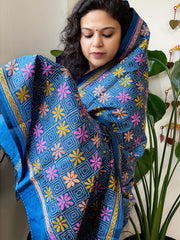 Firozi Blue Handmade Nakshi Kantha Dupatta in Pure Silk