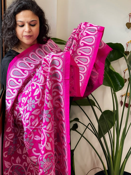 Pink Handmade Nakshi Kantha Dupatta in Pure Silk