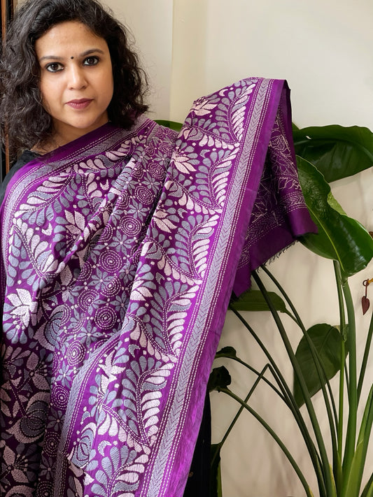Purple Handmade Nakshi Kantha Dupatta in Pure Silk