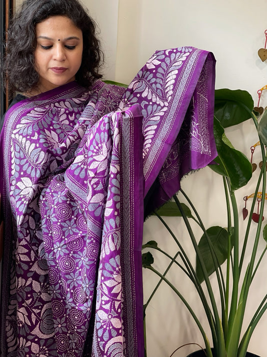 Purple Handmade Nakshi Kantha Dupatta in Pure Silk