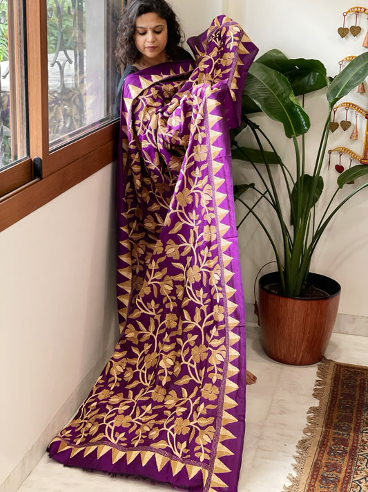 Purple Handmade Nakshi Kantha Dupatta in Pure Silk
