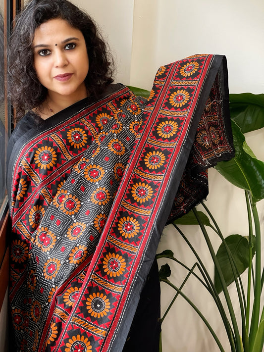 Black Handmade Nakshi Kantha Dupatta in Pure Silk