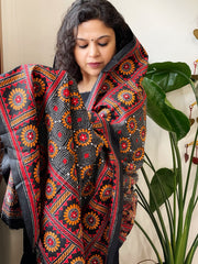 Black Handmade Nakshi Kantha Dupatta in Pure Silk