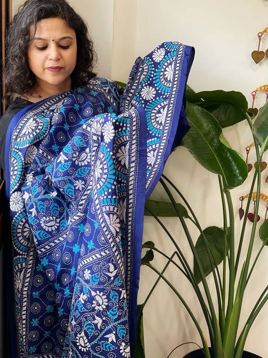 Blue Handmade Nakshi Kantha Dupatta in Pure Silk