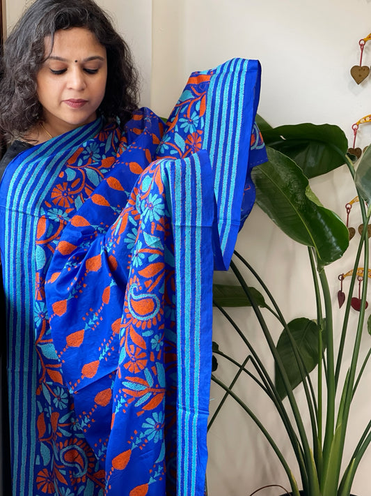 Blue Handmade Nakshi Kantha Dupatta in Pure Silk