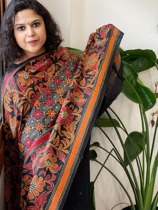 Black Handmade Nakshi Kantha Dupatta in Pure Silk