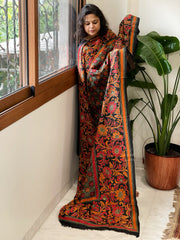 Black Handmade Nakshi Kantha Dupatta in Pure Silk