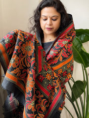 Black Handmade Nakshi Kantha Dupatta in Pure Silk