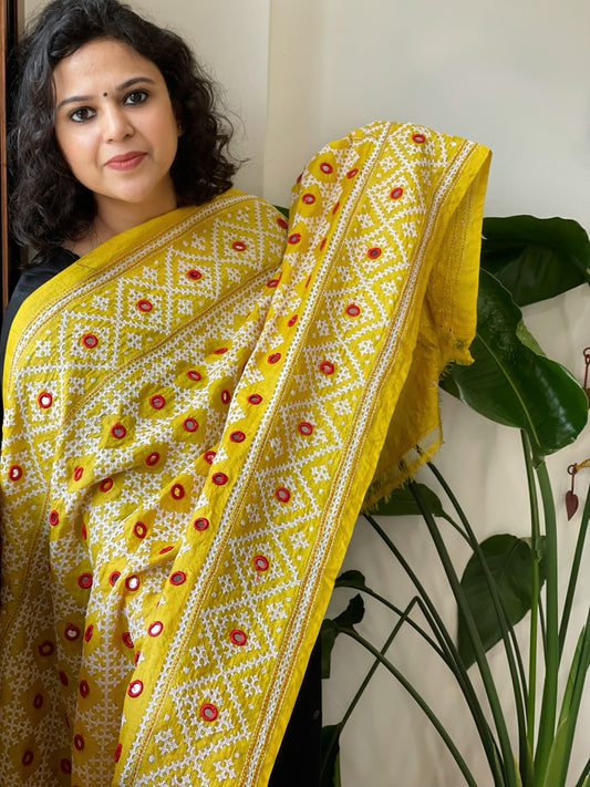 Yellow Handmade Nakshi Kantha with Real Mirror Handwork Dupatta in Pure Silk