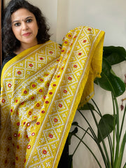 Yellow Handmade Nakshi Kantha with Real Mirror Handwork Dupatta in Pure Silk
