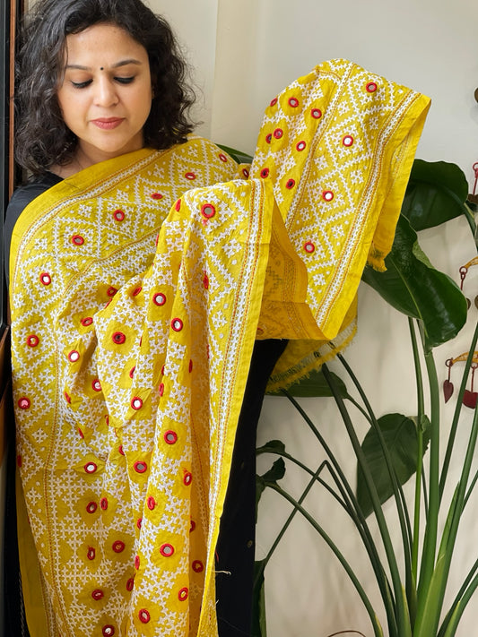 Yellow Handmade Nakshi Kantha with Real Mirror Handwork Dupatta in Pure Silk