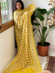 Yellow Handmade Nakshi Kantha with Real Mirror Handwork Dupatta in Pure Silk