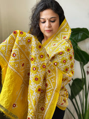 Yellow Handmade Nakshi Kantha with Real Mirror Handwork Dupatta in Pure Silk