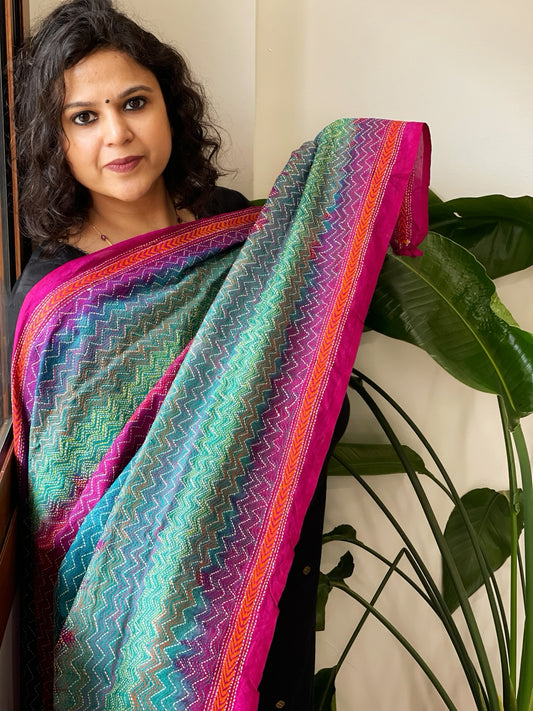 Pink, Blue Handmade Kantha Dupatta in Silk