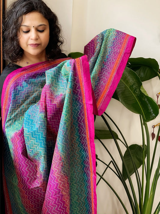 Pink, Blue Handmade Kantha Dupatta in Silk