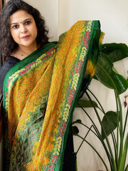 Green, Mustard Handmade Kantha Dupatta in Silk