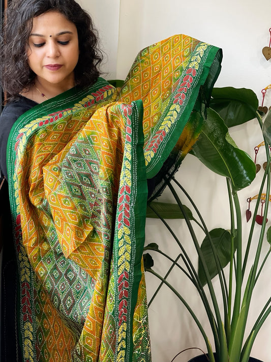 Green, Mustard Handmade Kantha Dupatta in Silk