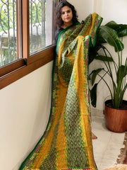 Green, Mustard Handmade Kantha Dupatta in Silk