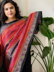 Black, Red Handmade Kantha Dupatta in Silk