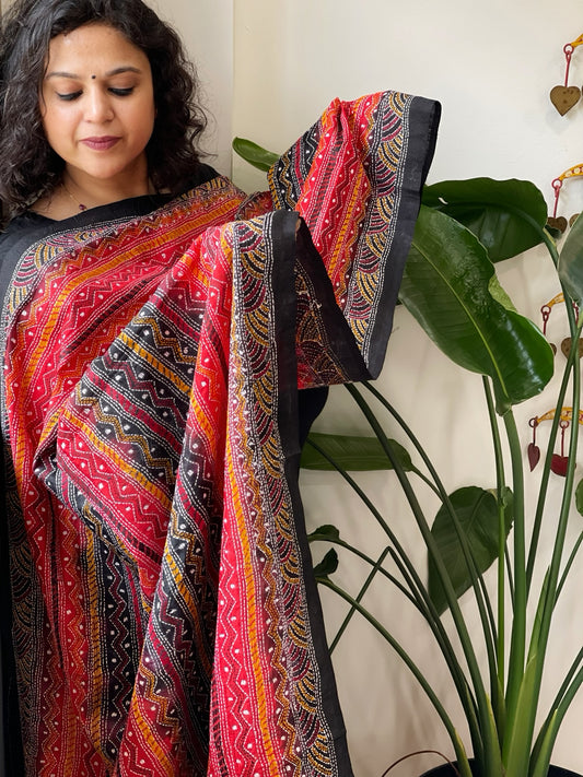 Black, Red Handmade Kantha Dupatta in Silk