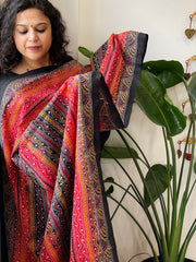 Black, Red Handmade Kantha Dupatta in Silk