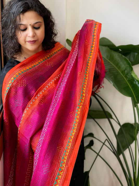 Orange, Pink Handmade Kantha Dupatta in Silk