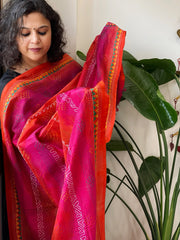 Orange, Pink Handmade Kantha Dupatta in Silk
