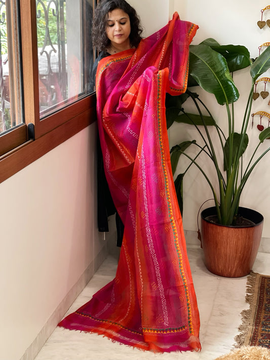Orange, Pink Handmade Kantha Dupatta in Silk