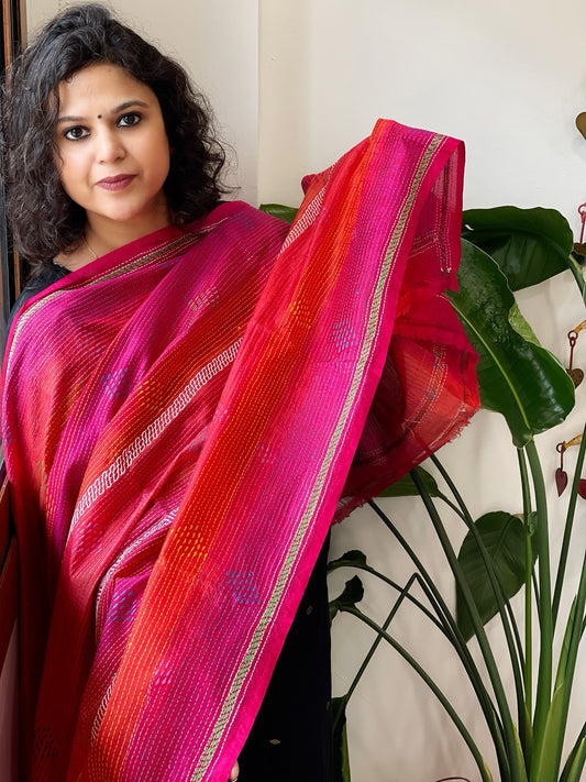Orange, Pink Handmade Kantha Dupatta in Silk