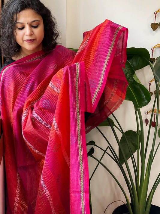 Orange, Pink Handmade Kantha Dupatta in Silk