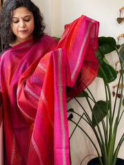 Orange, Pink Handmade Kantha Dupatta in Silk