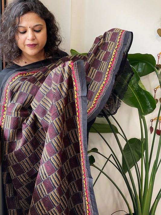Black Handmade Kantha Dupatta in Silk