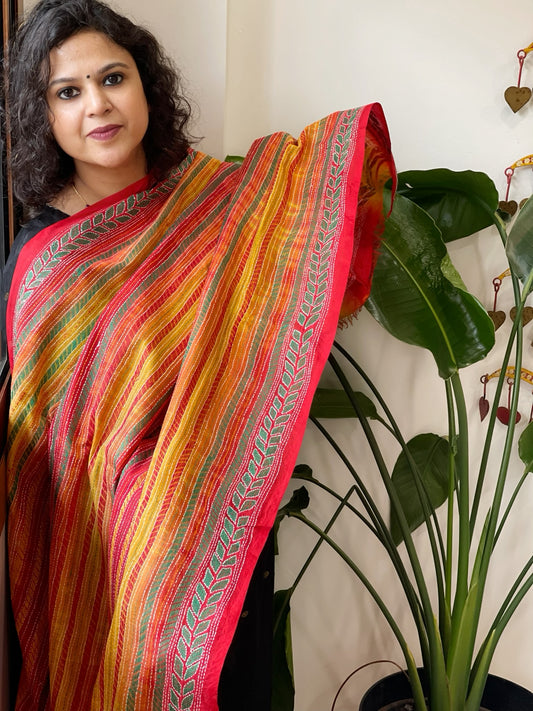Yellow, Red Handmade Kantha Dupatta in Silk