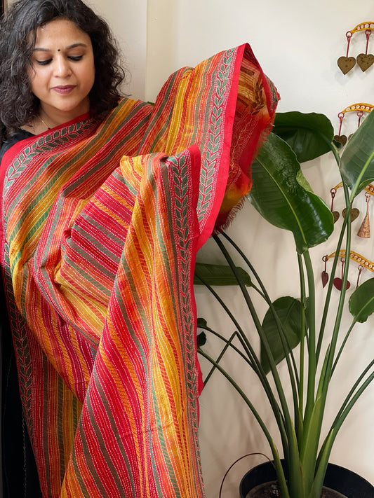 Yellow, Red Handmade Kantha Dupatta in Silk