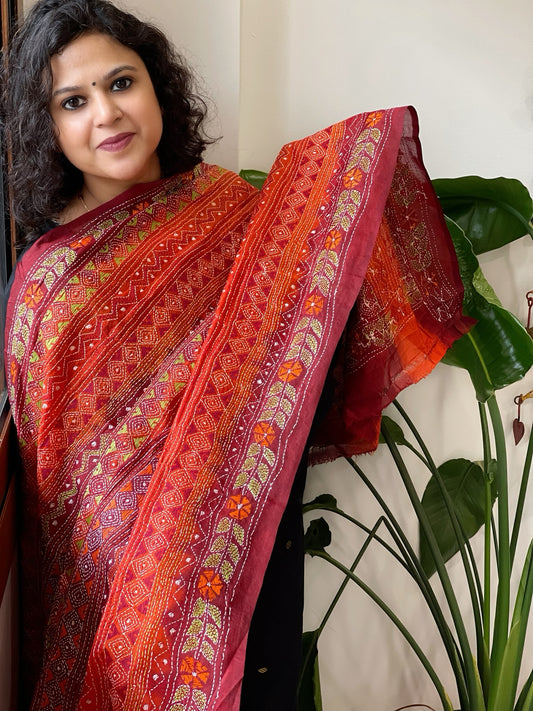 Orange, Maroon Handmade Kantha Dupatta in Silk