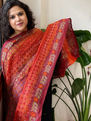 Orange, Maroon Handmade Kantha Dupatta in Silk