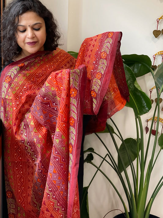 Orange, Maroon Handmade Kantha Dupatta in Silk
