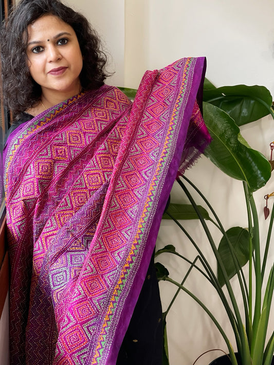 Pink, Purple Handmade Kantha Dupatta in Silk