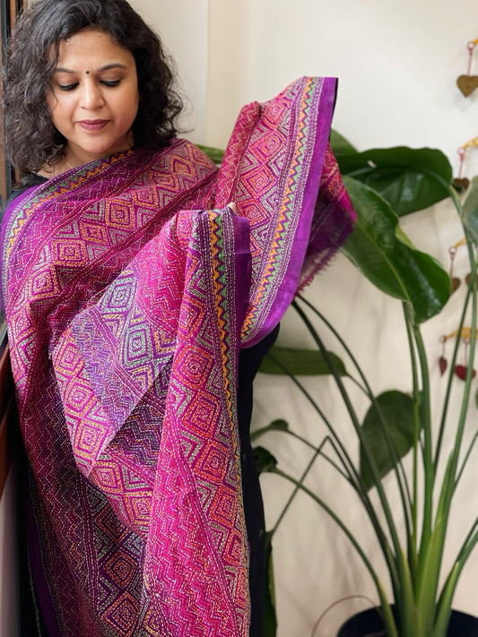 Pink, Purple Handmade Kantha Dupatta in Silk