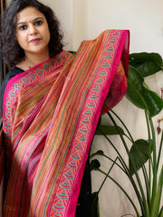 Mustard, Pink Handmade Kantha Dupatta in Silk