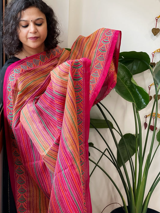 Mustard, Pink Handmade Kantha Dupatta in Silk