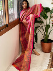 Mustard, Pink Handmade Kantha Dupatta in Silk