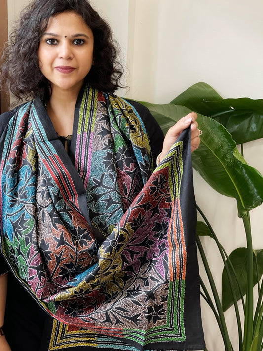 Black Handmade Reverse Nakshi Kantha Stole in Pure Silk