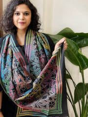 Black Handmade Reverse Nakshi Kantha Stole in Pure Silk
