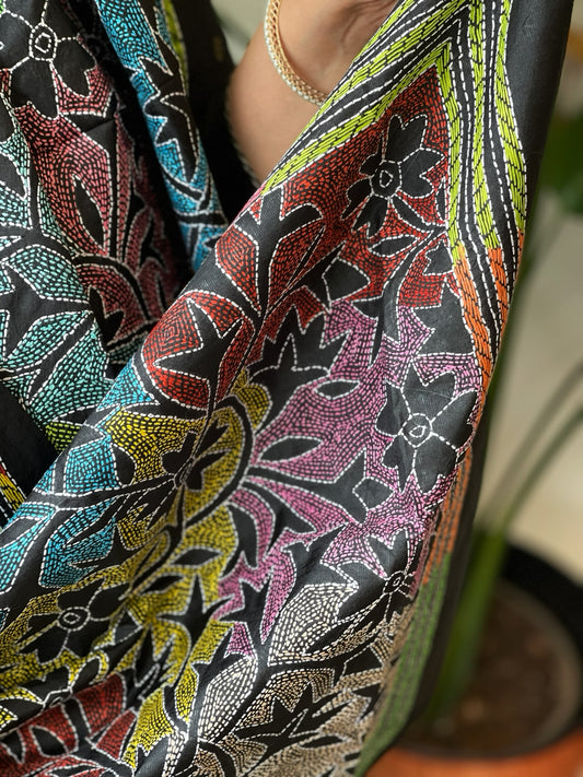 Black Handmade Reverse Nakshi Kantha Stole in Pure Silk