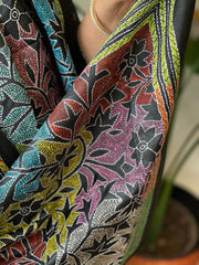 Black Handmade Reverse Nakshi Kantha Stole in Pure Silk