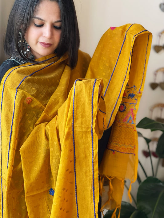 Mustard Lambani Handwork Dupatta with Self in Pure Handwoven Cotton