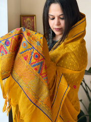 Mustard Lambani Handwork Dupatta with Self in Pure Handwoven Cotton